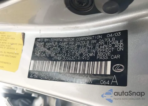 2003 Lexus Es 300 из США, поврежденный, VIN JTHBF30G630141910